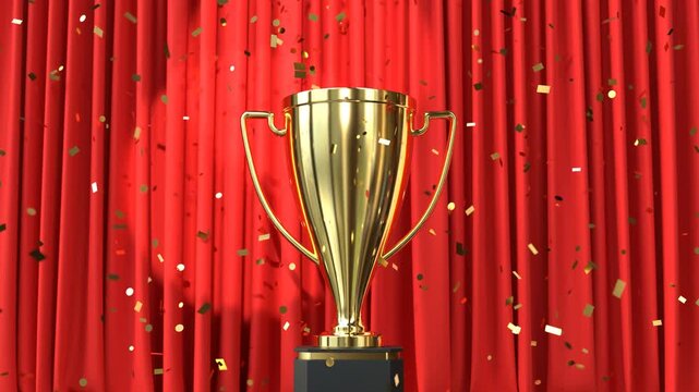 Golden trophy on red curtain background with falling confetti, Looping video. 3D Render