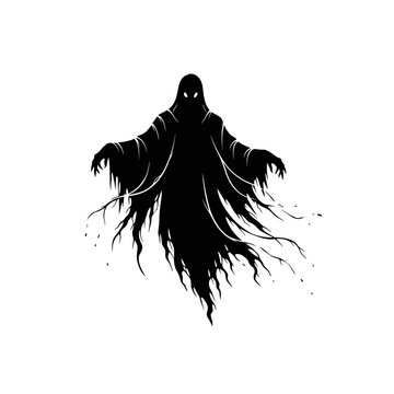 Silhouette of a spooky ghost with tattered edges and glowing eyes, Halloween concept.