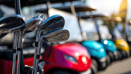 Golf Clubs Lined Up Next to Colorful Golf Carts on a Sunny Day.