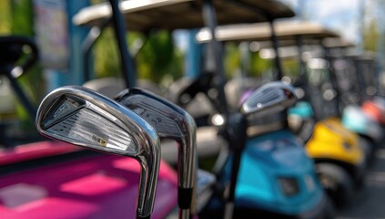 Golf Clubs and Golf Carts Lined Up on a Sunny Day.