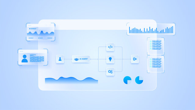 AI workflow automation artificial intelligence. ai agent network diagram dashboard machine learning architecture data analytics flow, data processing flow and integration system.