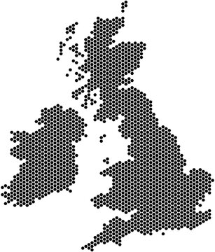 United Kingdom and Ireland Map Silhouette in Black Hexagon Honeycomb Pattern Vector