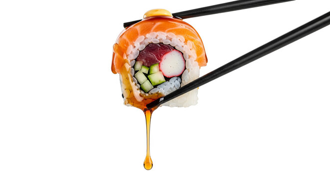 Sushi Roll With Salmon Tuna Dripping Sauce Held By Chopsticks