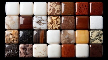Assortment of square, polished stones and tiles, arranged in a grid, various colors and textures