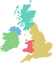 Obraz premium Colorful UK and Ireland Map with Hexagon Honeycomb Regional Divisions Vector