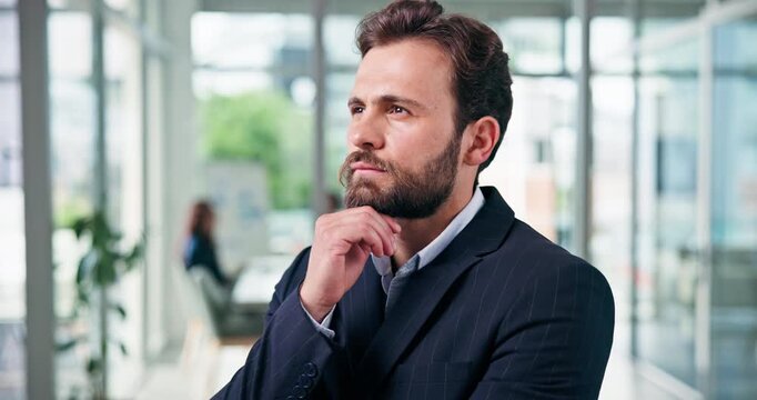 Thinking, business and serious with man in office for vision, real estate and property plan. Thoughts, male realtor and reflection with strategy, listing solution and auction opportunity of expansion