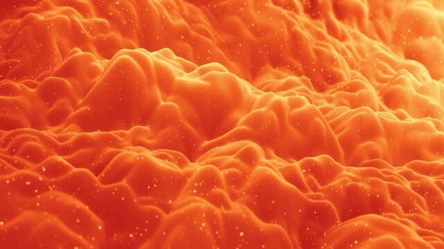Red orange gradient, soft matte material with light inner glow. Beautiful abstract 3D surface with glitter sparkles, abstract 3d waves run on surface in loop. Smoothly 4k animation