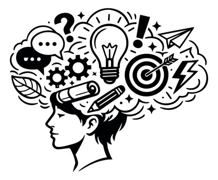 Monoline line art illustration of a creative thinking mind depicting generating ideas and problem-solving strategies for business development and innovation