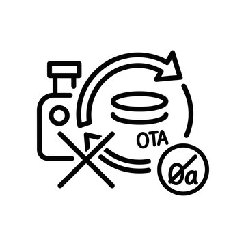Simple black line illustration of an OTA update process with crossed authentication on a white background.