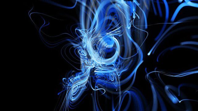 Visualization of neural network operation bg. Abstract fast lines of light streaks in air. Stream of lines forms curled blue lines like glow light trails, lines form swirling pattern like curle noise.