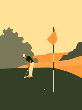 Scenic minimalist vector illustration of a golfer taking a long putt on a dark green course with a golden sky and mountainous background.