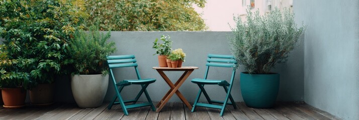 Fototapeta premium Cozy outdoor balcony with teal chairs and lush greenery in urban setting