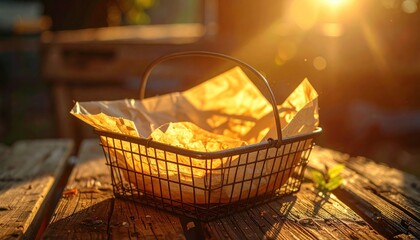 Golden Hour Chips - A Basket of Crispy Delight on Rustic Wood.