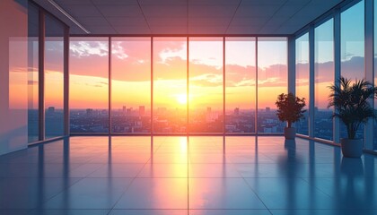 Serene Sunset View from Modern Office with Panoramic Windows.