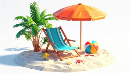 Tropical Beach Scene with Palm Tree, Chair, and Umbrella.