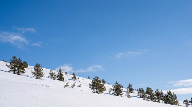 Snowy landscape with pine trees under clear blue sky. Winter scenery features a slope covered in fresh snow with scattered conifer trees. Concept of winter recreation and outdoor exploration.