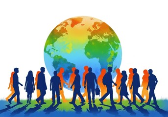 Diverse people walking in front of a colorful globe illustration isolated on white background
