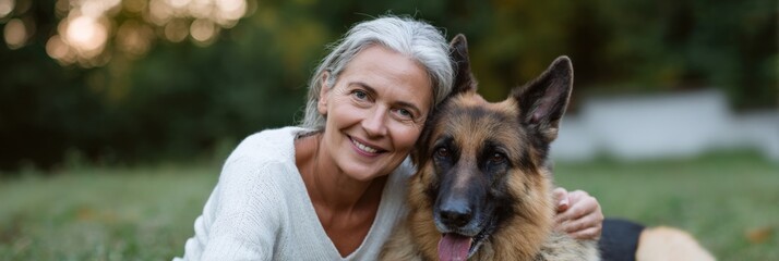 Senior caucasian woman relaxing outdoors with german shepherd dog in green park