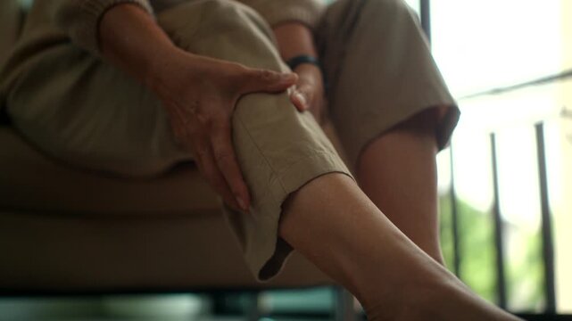 Close up elderly woman hand massaging her leg suffering leg pain showing senior health problems with muscle pain and joint stiffness, insurance in retirement for wellbeing and quality of life.
