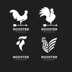 Fototapeta premium Modern Rooster Logo Designs Set. Four Distinct Abstract Chicken Bird Silhouettes for Premium Farm Animal Branding Illustrations on a Black Background.