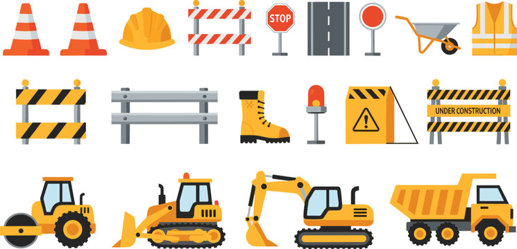 Road Construction Icons Vector Set Featuring Safety Barriers, Warning Signs, Traffic Equipment, and Heavy Machinery for Engineering and Infrastructure Design