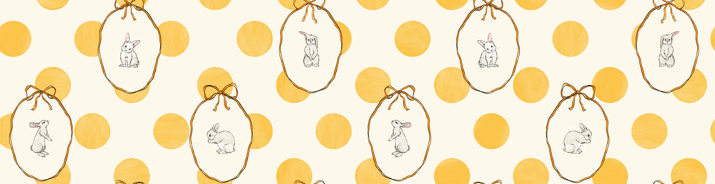 Yellow watercolor hand-drawn seamless pattern with cute bunnies and ribbons. Easter background. Baby print. Cute rabbit print. Easter bunny seamless pattern.