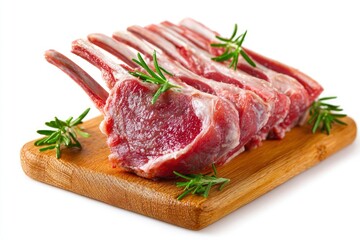 A vibrant display of fresh, raw lamb chops, expertly arranged on a rustic wooden cutting board against a clean white background. Each succulent cut of meat, with its characteristic bone, is adorned wi