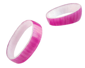 Flying Red onion rings isolated on white.  Levitating onion rings in the air. Falling Sweet onion top view. Flat lay