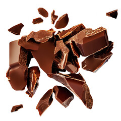 Chocolate explotion isolated on white. Broken Milk Chocolate pieces, scattered, flying in air. Top view.