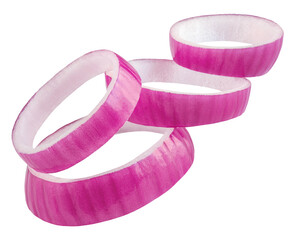 Flying Red onion rings isolated on white.  Levitating onion rings in the air. Falling Sweet onion top view. Flat lay
