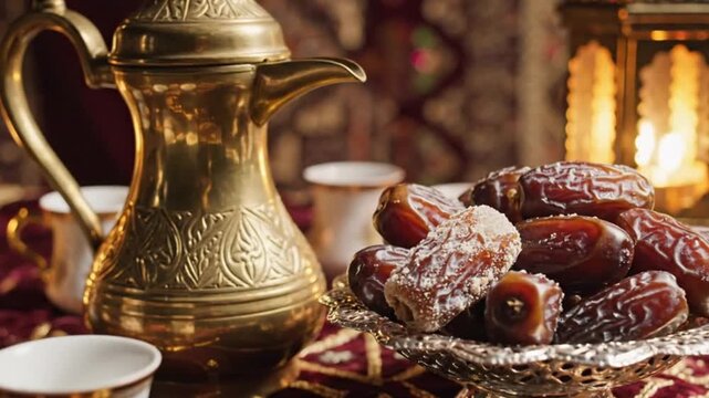 Traditional Middle Eastern Dates and Coffee Setup.
