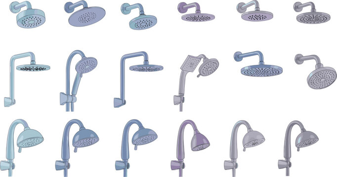 Shower Head Vector Set Featuring Modern Bathroom Fixtures with Wall Mounted and Handheld Designs for Plumbing, Interior, and Home Improvement Projects