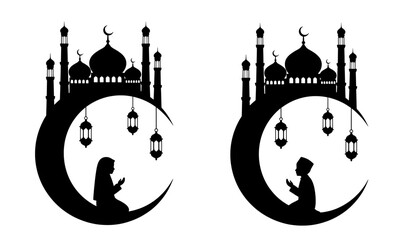 Mosque silhouette with crescent moon and praying Muslim figures
