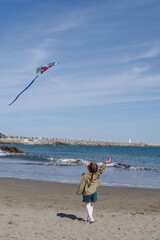 Girl flying kite on beach