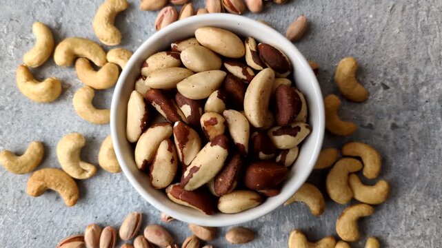 Brazil nuts, raw and shelled, are a source of selenium and a healthy food ingredient. Brazil nuts as a food background for your design