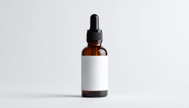A brown glass dropper bottle with a blank white label on a neutral background.