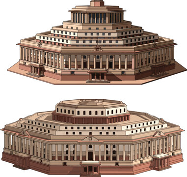 Isometric vector illustration of the Sansad Bhavan new parliament building of India featuring grand neoclassical architectural columns and tiered structural design