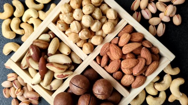 Wooden box with macadamia nuts, almonds, pistachios, and hazelnuts as ingredients for healthy eating. Nuts as a food background for your design
