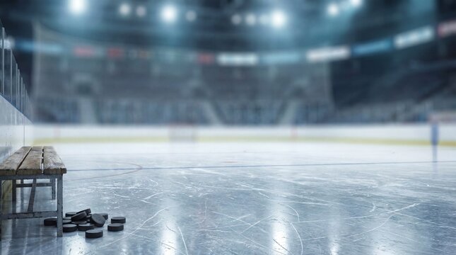 Hockey rink with bench and pucks on ice surface, empty arena showcases bright lights and spacious seating. Hockey rink features polished ice, benches for players, and a clear view for spectators.