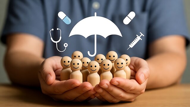 Person in blue shirt holding wooden figures with medical symbols healthcare medicine umbrella stethoscope