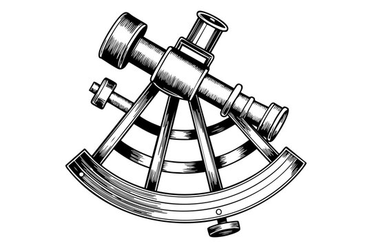 Vintage nautical sextant engraving illustration black and white line art	
