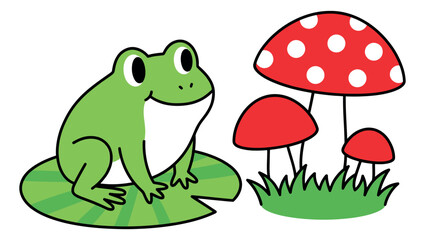 Fototapeta premium Hand drawn line art nature elements set featuring a happy frog on a lily pad and red mushrooms on grass for kids design