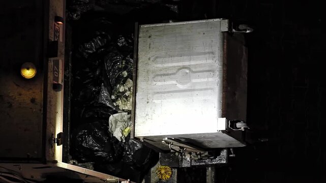 Detail of household waste emptying from bin into garbage truck. Black trash bags and various refuse visible inside the compactor, illuminated by bright light. Night operation of waste management.