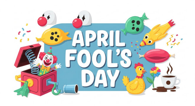 Colorful april fool's day illustration with cartoon characters and prank items on blue background