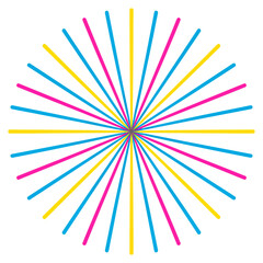 Obraz premium Dynamic starburst illustration from a centered viewpoint, showcasing vibrant blue pink and yellow lines in perfect symmetry, delivering energetic visual impact in a clean environment