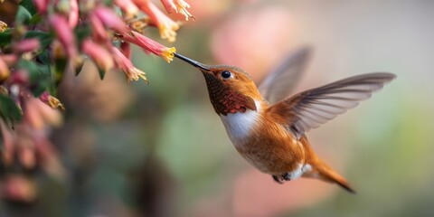 Fototapeta premium Hummingbird feeding on flowers in a garden during spring season
