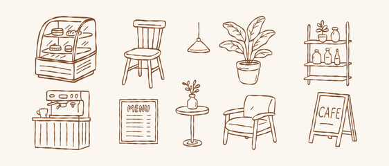 Hand drawn cafe icons set coffee shop furniture and equipment doodle collection minimalist vector illustration of bakery elements cozy interior design objects isolated brown line art © abcvector