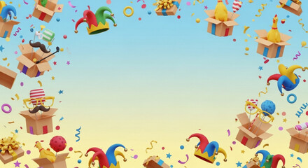 Obraz premium Colorful birthday celebration background with gifts jester hats and confetti floating in the air
