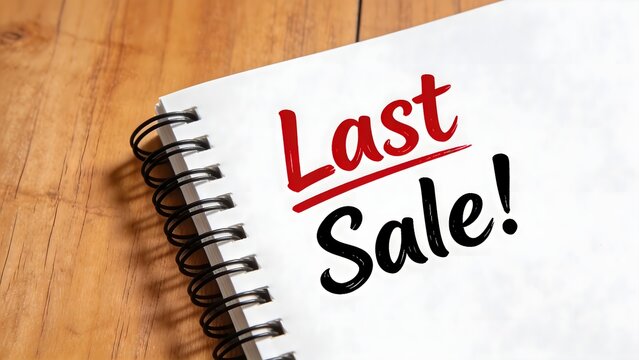 Urgent marketing message 'Last Sale!' boldly displayed on a spiral-bound notebook, signaling a limited-time opportunity for significant discounts and final offers.