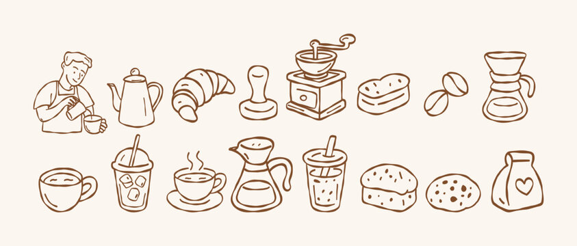 Hand drawn coffee and bakery icons set barista making latte art coffee equipment and dessert doodle collection minimalist vector illustration of cafe elements isolated brown line art